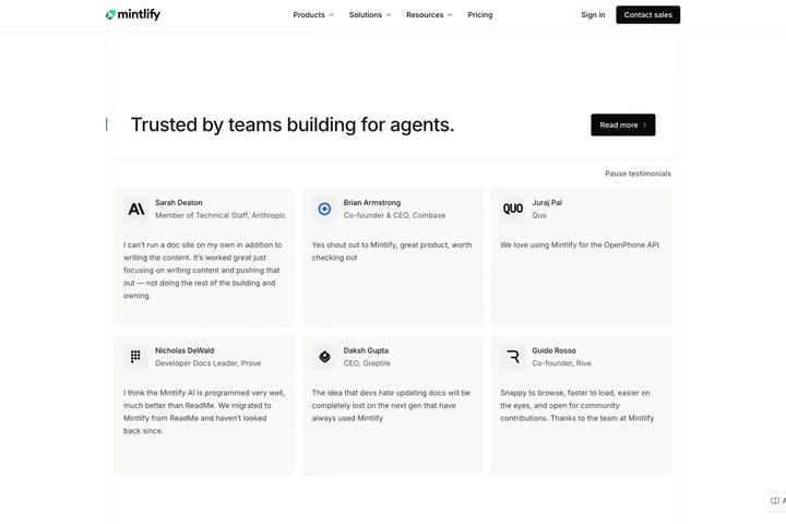 Mintlify's Testimonials Section